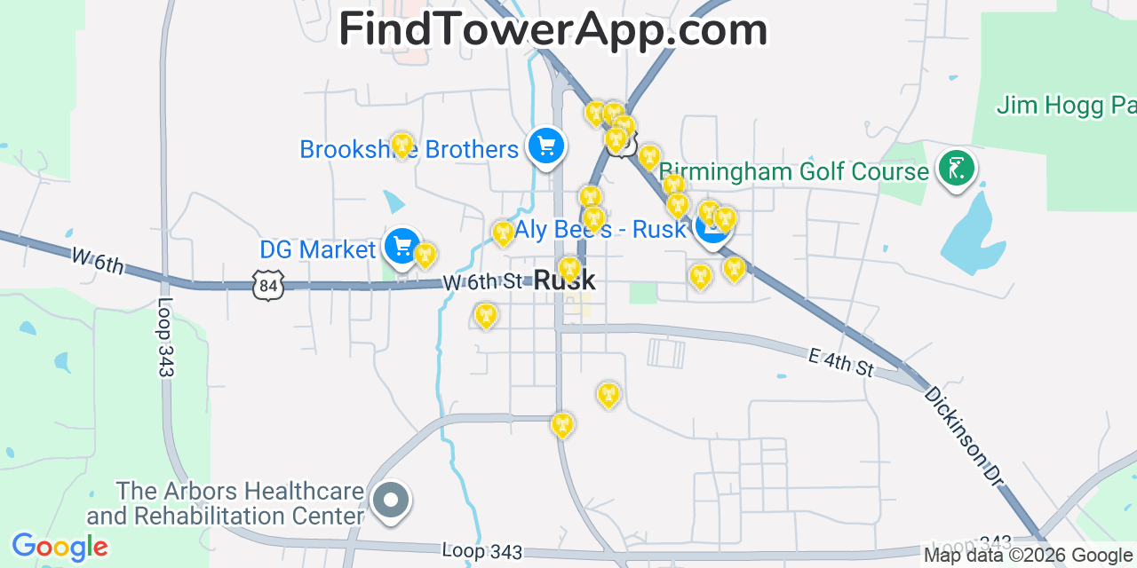 Map showing the 20 primary cell tower locations detected in Rusk, Texas from AT&T, Verizon, and T-Mobile networks