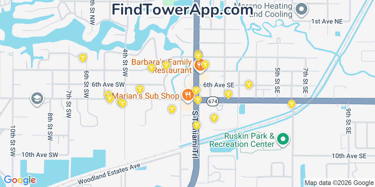 Map showing the 20 primary cell tower locations detected in Ruskin, Florida from AT&T, Verizon, and T-Mobile networks