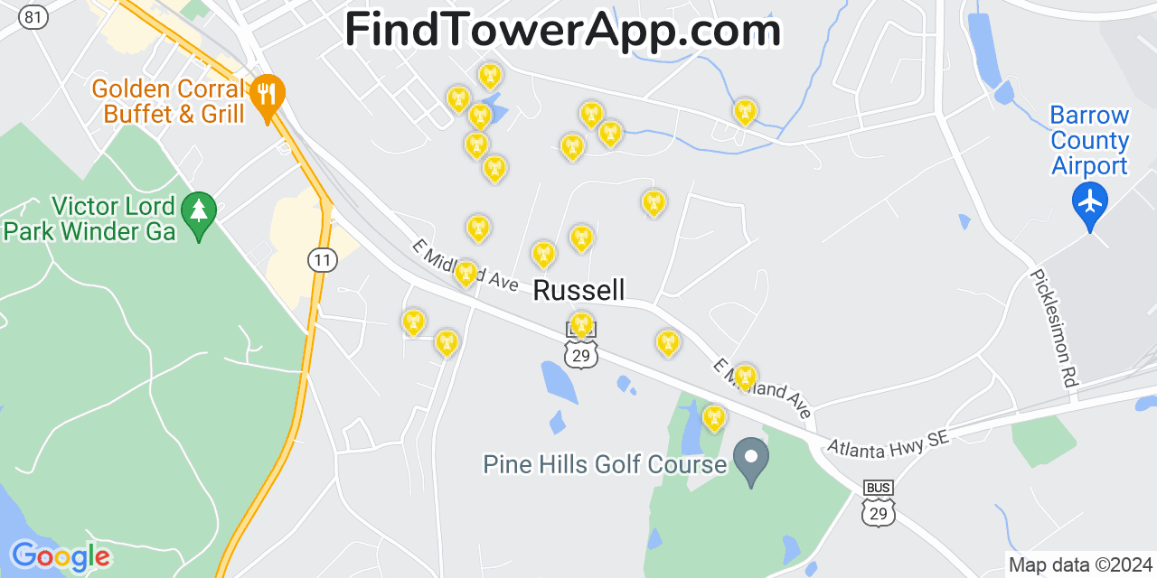 AT&T 4G/5G cell tower coverage map Russell, Georgia