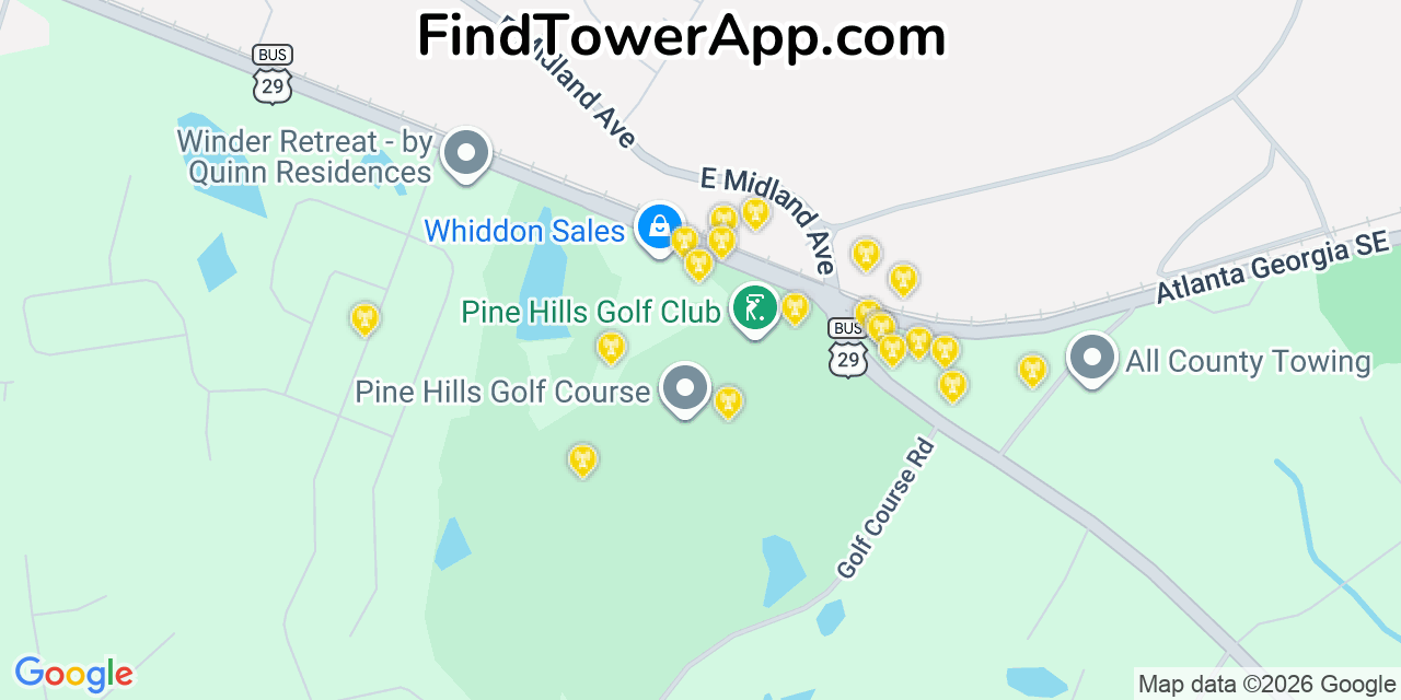 Map showing the 20 primary cell tower locations detected in Russell, Georgia from AT&T, Verizon, and T-Mobile networks