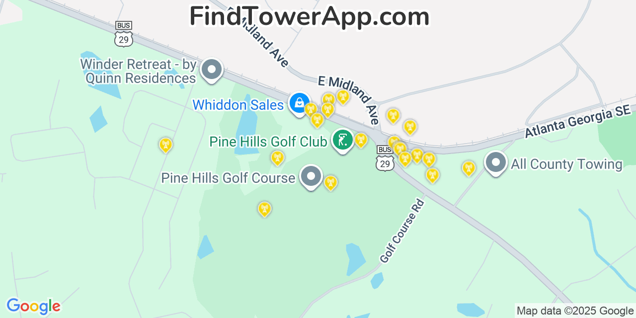 Map showing the 20 primary Mobitel cell tower locations detected in Russell, Georgia with coverage radius and signal strength indicators