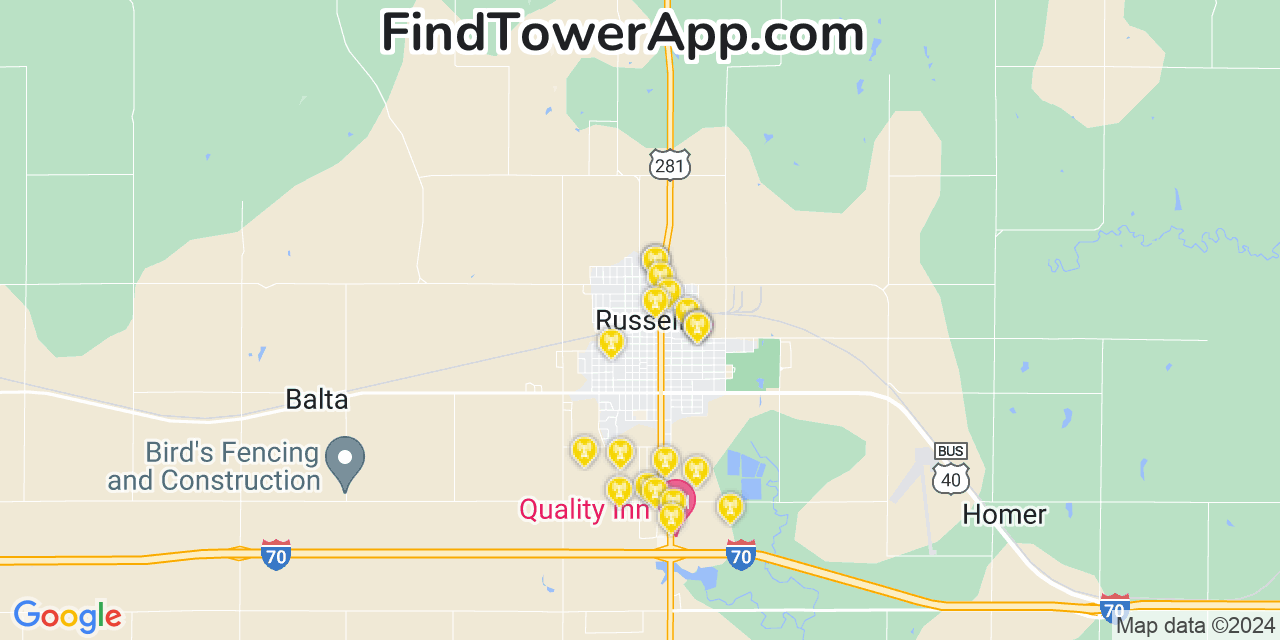 AT&T 4G/5G cell tower coverage map Russell, Kansas