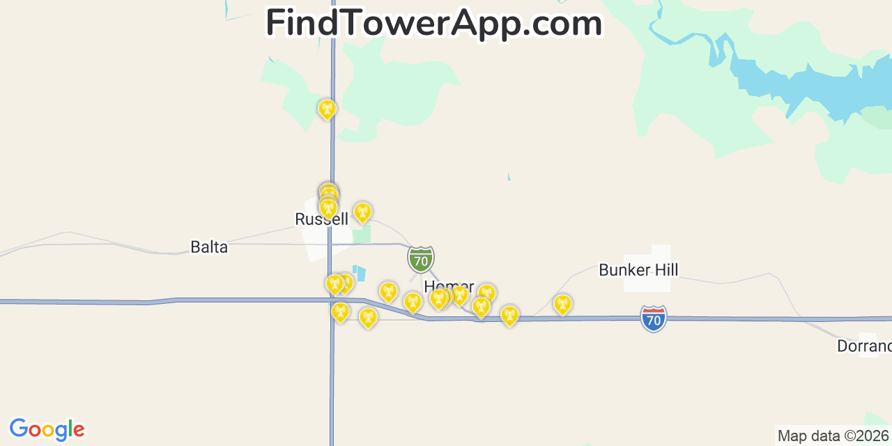 Map showing the 20 primary cell tower locations detected in Russell, Kansas from AT&T, Verizon, and T-Mobile networks