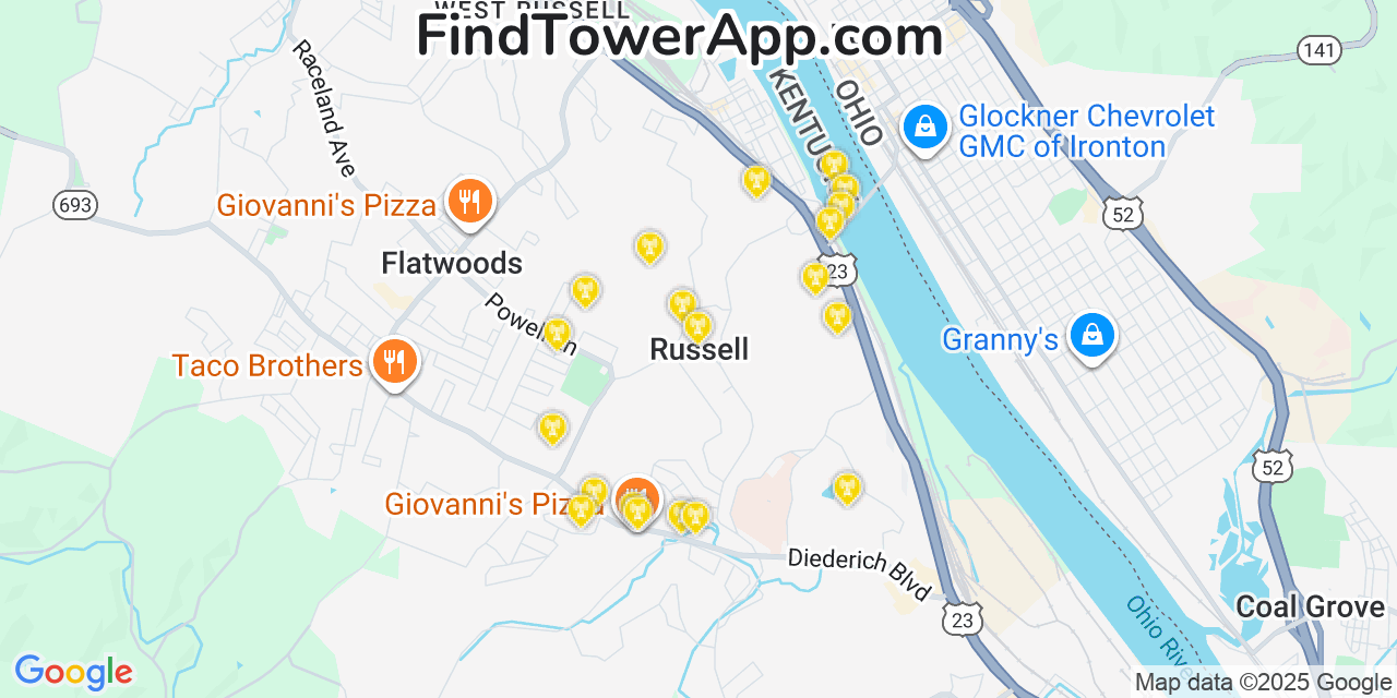 Map showing the 20 primary cell tower locations detected in Russell, Kentucky from AT&T, Verizon, and T-Mobile networks