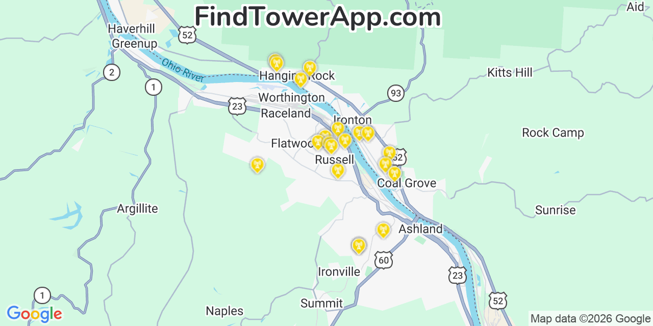 Map showing the 20 primary cell tower locations detected in Russell, Kentucky from AT&T, Verizon, and T-Mobile networks