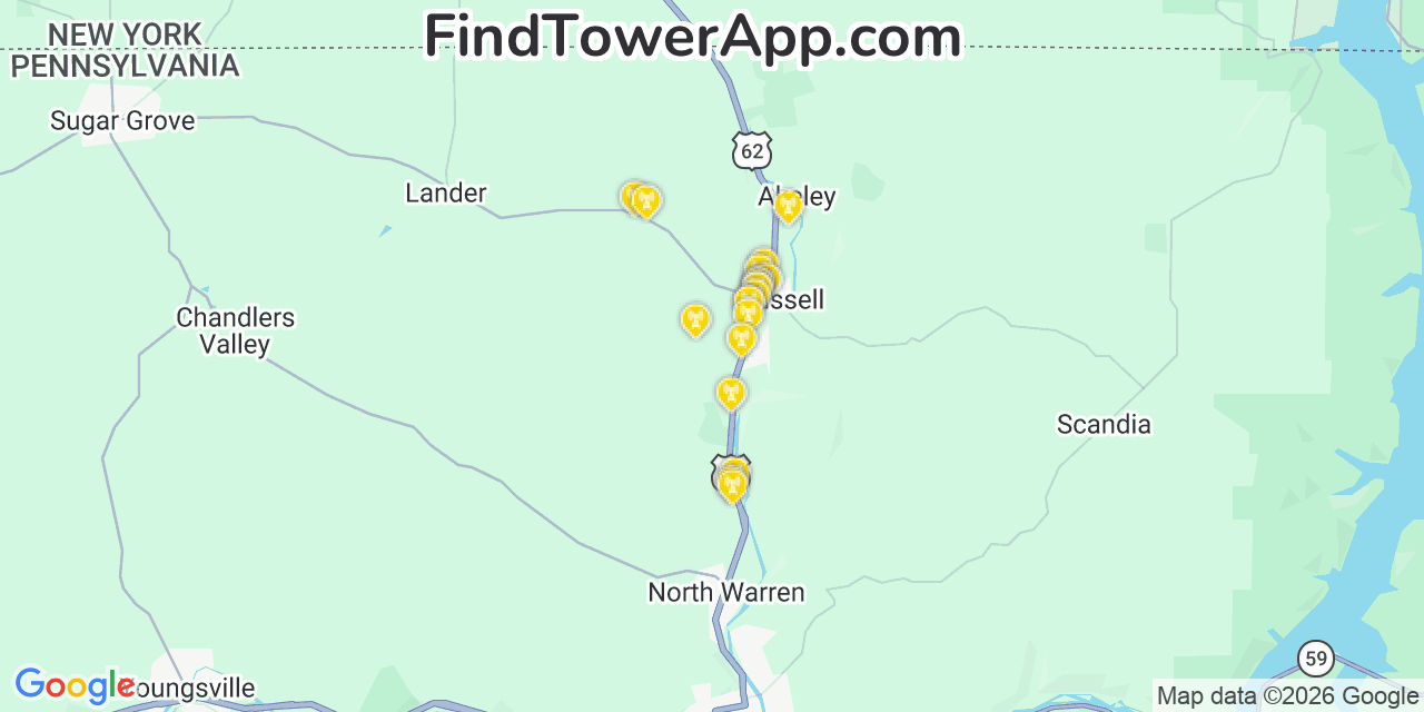 Map showing the 20 primary cell tower locations detected in Russell, Pennsylvania from AT&T, Verizon, and T-Mobile networks