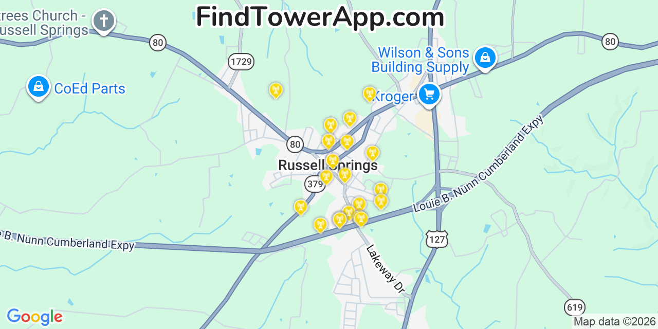 Map showing the 20 primary cell tower locations detected in Russell Springs, Kentucky from AT&T, Verizon, and T-Mobile networks