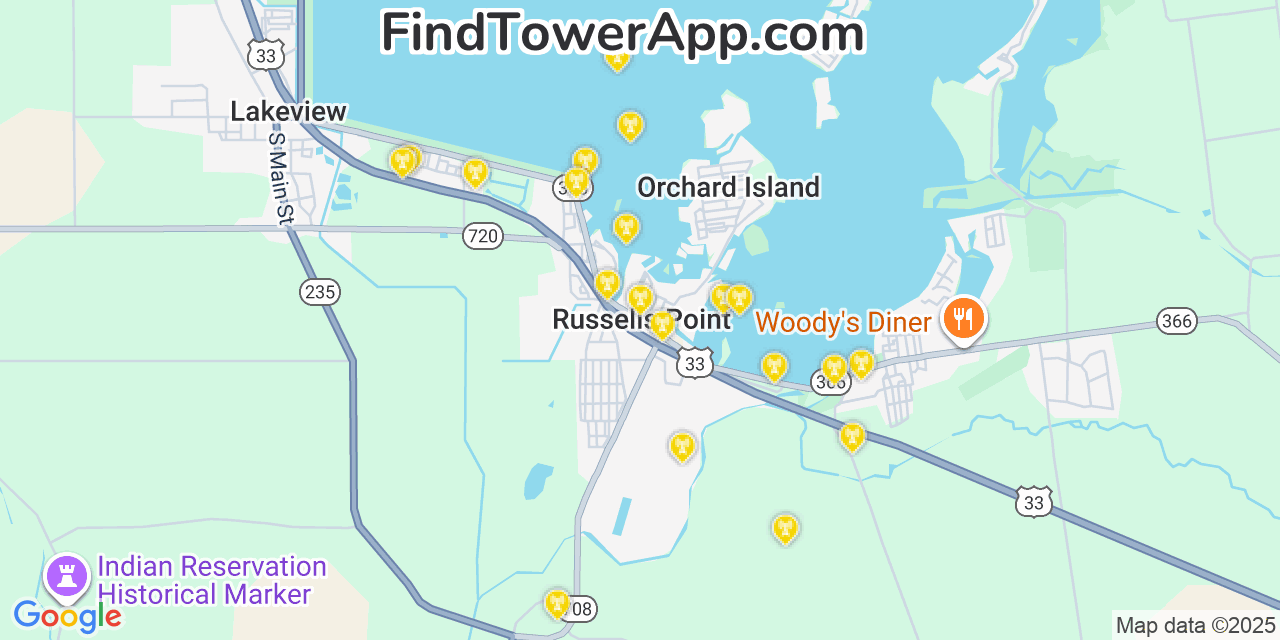 Map showing the 20 primary cell tower locations detected in Russells Point, Ohio from AT&T, Verizon, and T-Mobile networks
