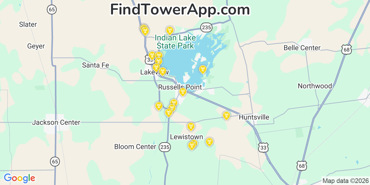 Map showing the 20 primary cell tower locations detected in Russells Point, Ohio from AT&T, Verizon, and T-Mobile networks