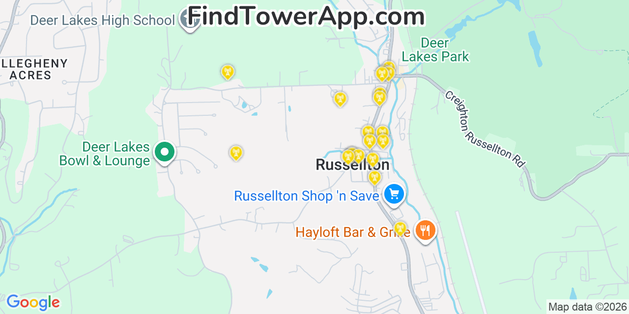 Map showing the 20 primary cell tower locations detected in Russellton, Pennsylvania from AT&T, Verizon, and T-Mobile networks