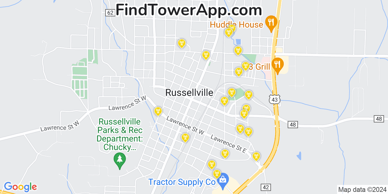 AT&T 4G/5G cell tower coverage map Russellville, Alabama