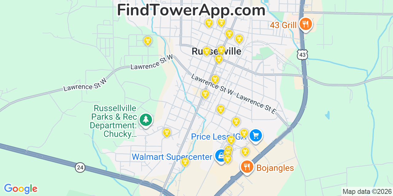 Map showing the 20 primary cell tower locations detected in Russellville, Alabama from AT&T, Verizon, and T-Mobile networks
