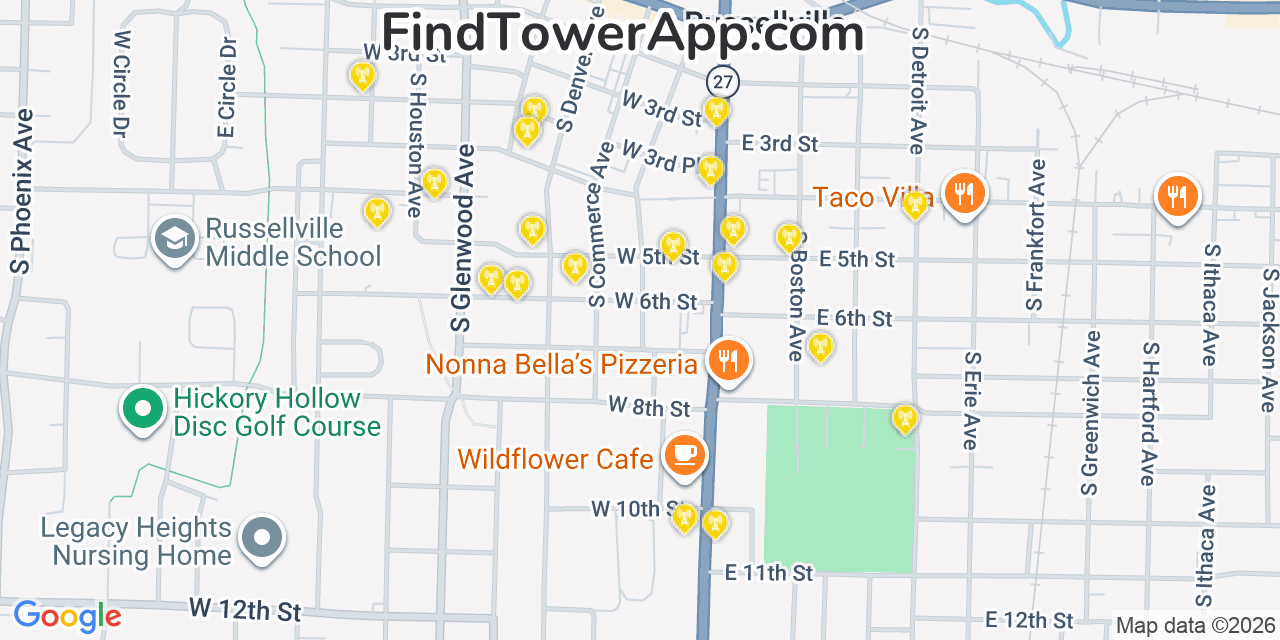 Map showing the 20 primary cell tower locations detected in Russellville, Arkansas from AT&T, Verizon, and T-Mobile networks