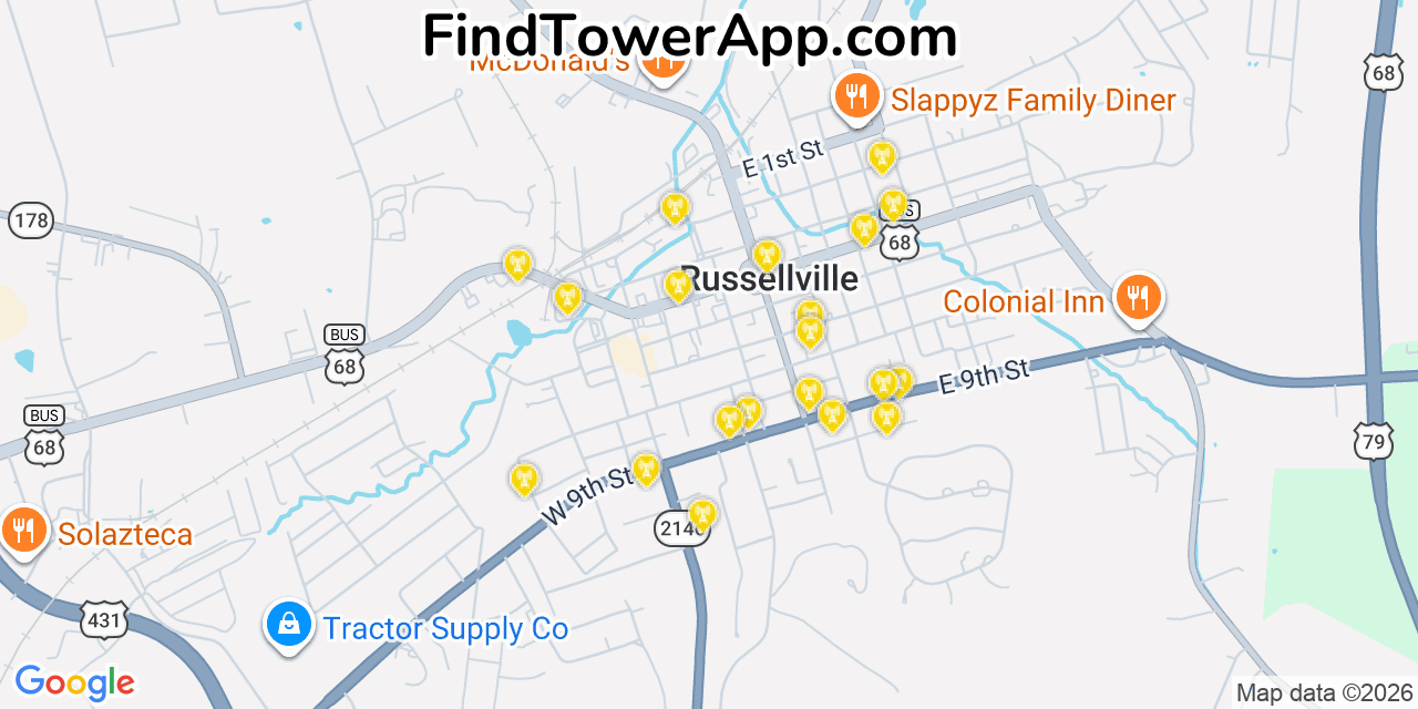 Map showing the 20 primary cell tower locations detected in Russellville, Kentucky from AT&T, Verizon, and T-Mobile networks
