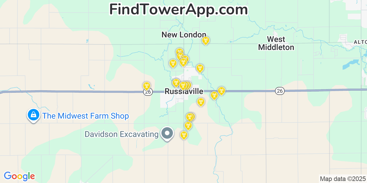 Map showing the 20 primary cell tower locations detected in Russiaville, Indiana from AT&T, Verizon, and T-Mobile networks