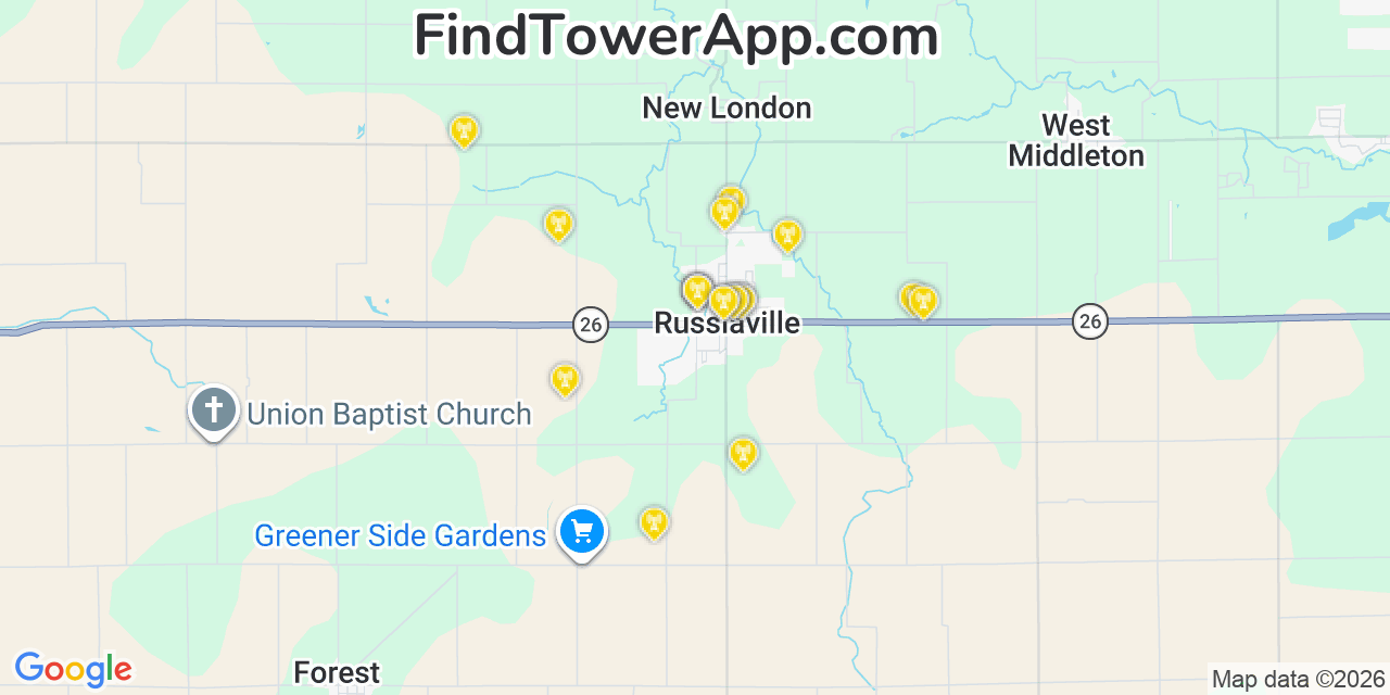 Map showing the 20 primary cell tower locations detected in Russiaville, Indiana from AT&T, Verizon, and T-Mobile networks