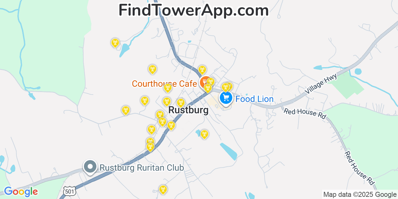 Map showing the 20 primary cell tower locations detected in Rustburg, Virginia from AT&T, Verizon, and T-Mobile networks