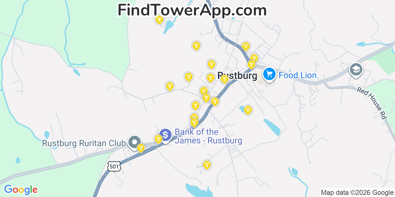 Map showing the 20 primary cell tower locations detected in Rustburg, Virginia from AT&T, Verizon, and T-Mobile networks