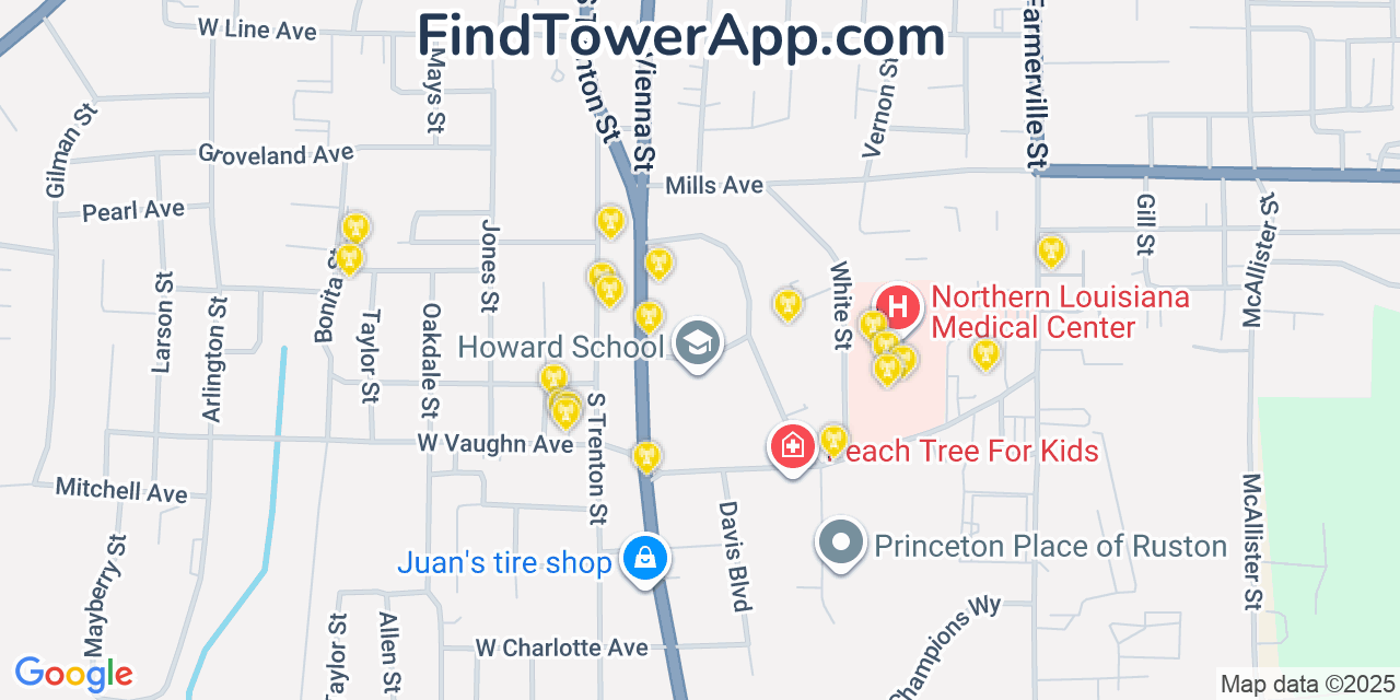 Map showing the 20 primary cell tower locations detected in Ruston, Louisiana from AT&T, Verizon, and T-Mobile networks