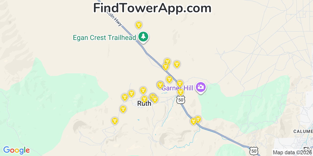 Map showing the 20 primary cell tower locations detected in Ruth, Nevada from AT&T, Verizon, and T-Mobile networks