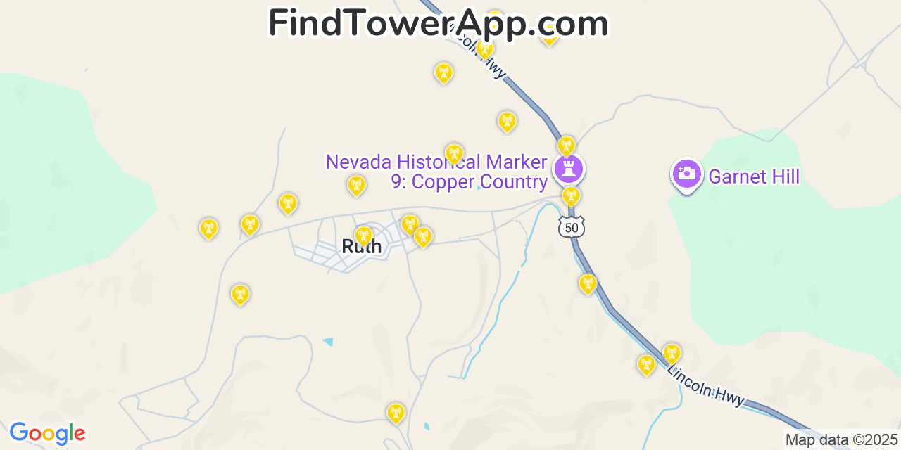 Map showing the 20 primary Verizon cell tower locations detected in Ruth, Nevada with coverage radius and signal strength indicators