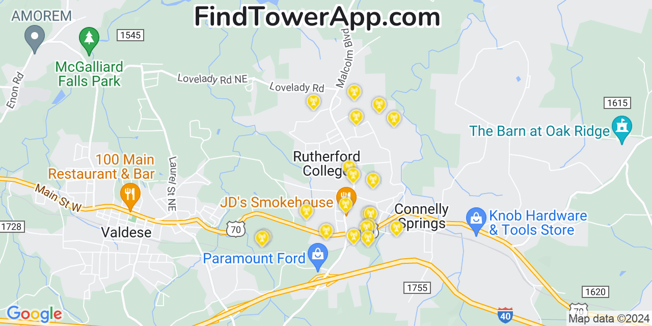 AT&T 4G/5G cell tower coverage map Rutherford College, North Carolina