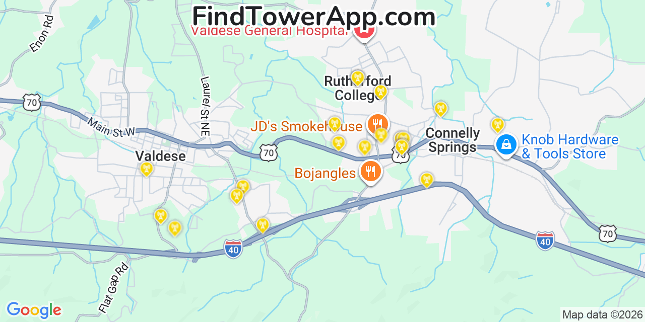 Map showing the 20 primary cell tower locations detected in Rutherford College, North Carolina from AT&T, Verizon, and T-Mobile networks