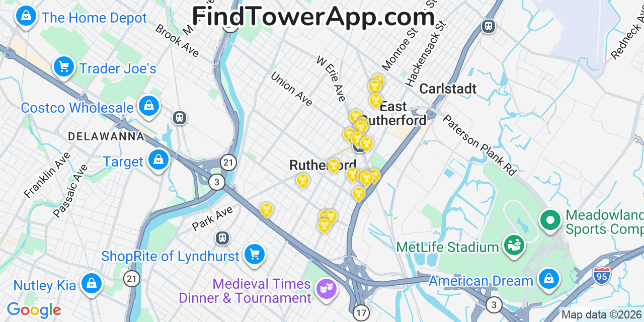 Map showing the 20 primary cell tower locations detected in Rutherford, New Jersey from AT&T, Verizon, and T-Mobile networks