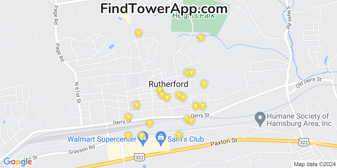 AT&T 4G/5G cell tower coverage map Rutherford, Pennsylvania