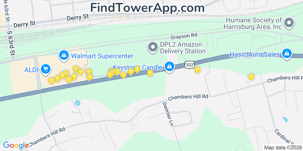 Map showing the 20 primary cell tower locations detected in Rutherford, Pennsylvania from AT&T, Verizon, and T-Mobile networks