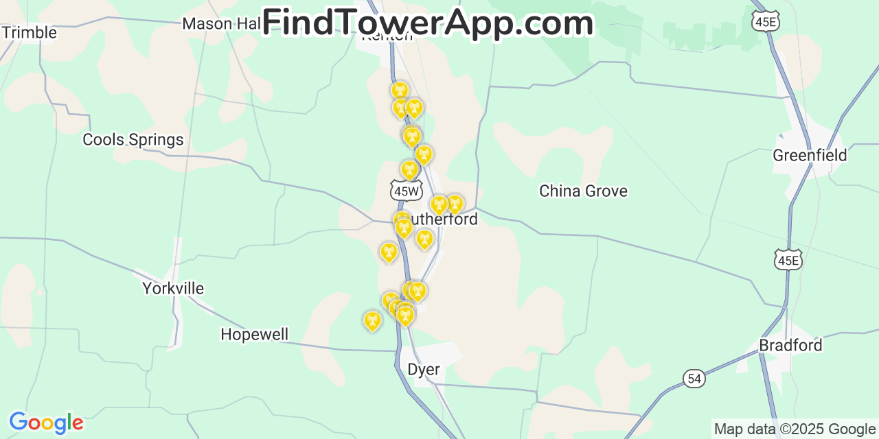 Map showing the 20 primary cell tower locations detected in Rutherford, Tennessee from AT&T, Verizon, and T-Mobile networks