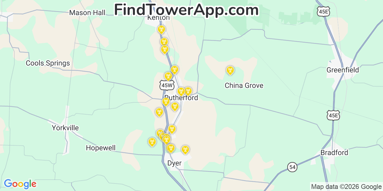 Map showing the 20 primary cell tower locations detected in Rutherford, Tennessee from AT&T, Verizon, and T-Mobile networks