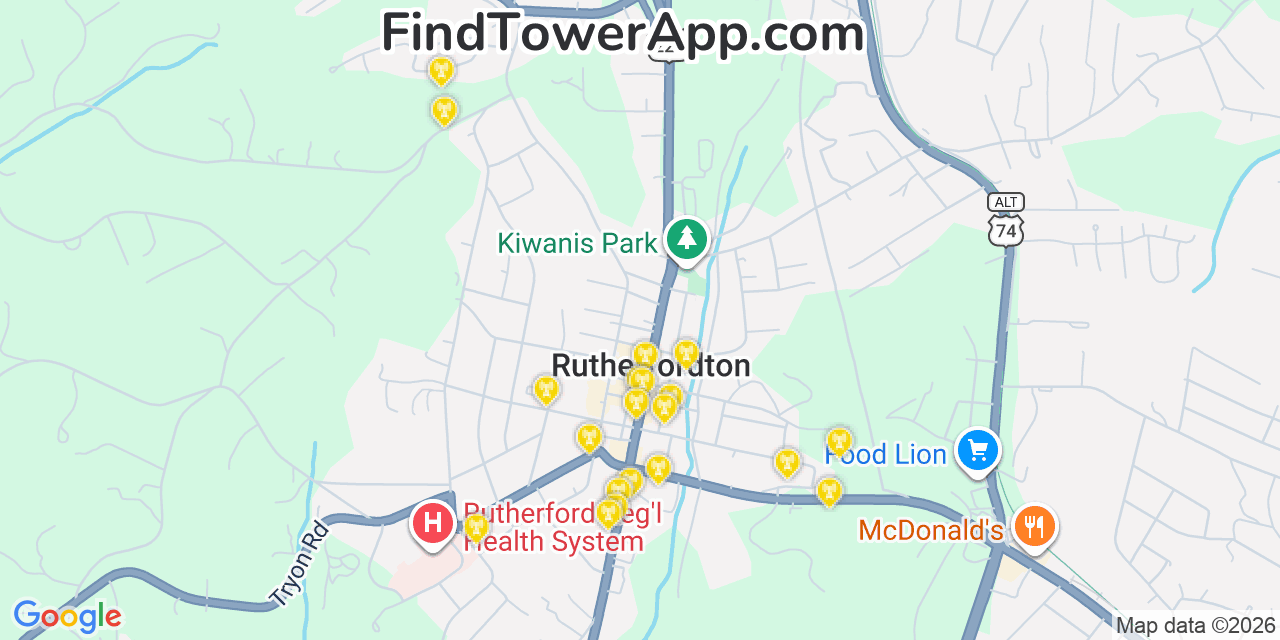Map showing the 20 primary cell tower locations detected in Rutherfordton, North Carolina from AT&T, Verizon, and T-Mobile networks