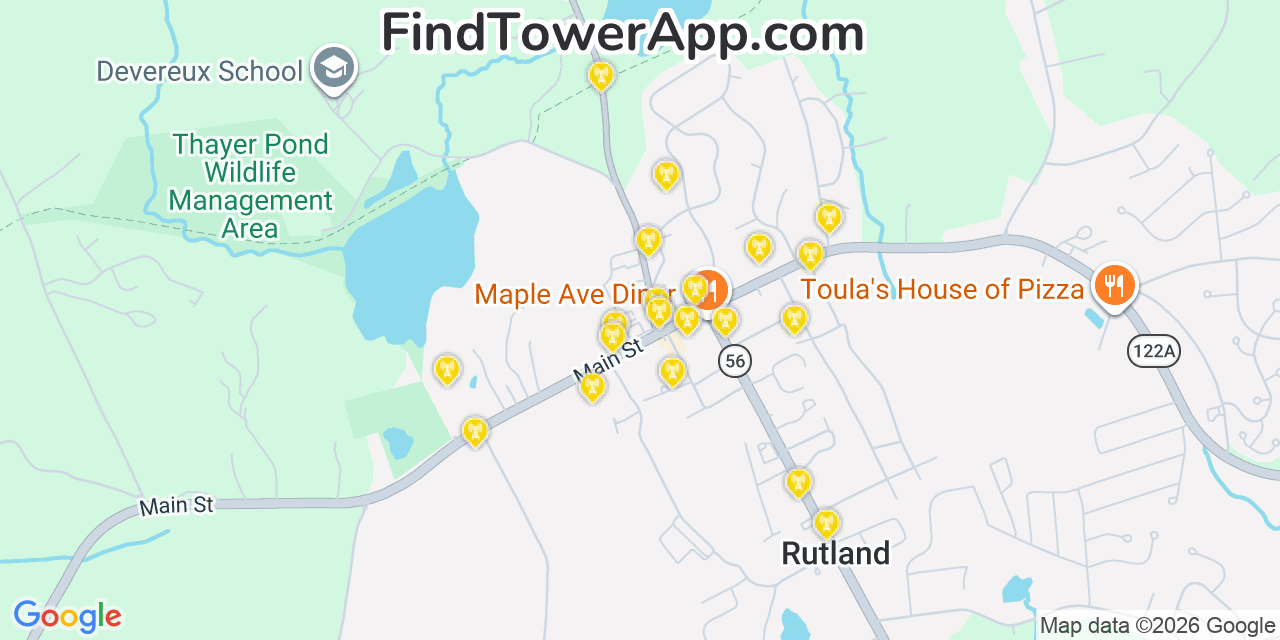 Map showing the 20 primary cell tower locations detected in Rutland, Massachusetts from AT&T, Verizon, and T-Mobile networks