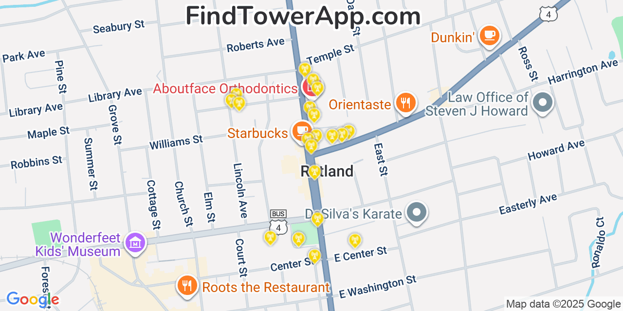 Map showing the 20 primary cell tower locations detected in Rutland, Vermont from AT&T, Verizon, and T-Mobile networks