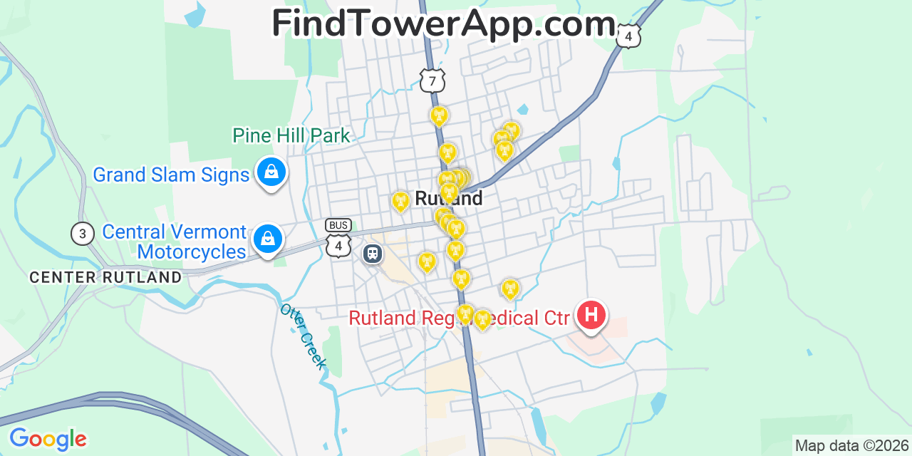 Map showing the 20 primary cell tower locations detected in Rutland, Vermont from AT&T, Verizon, and T-Mobile networks