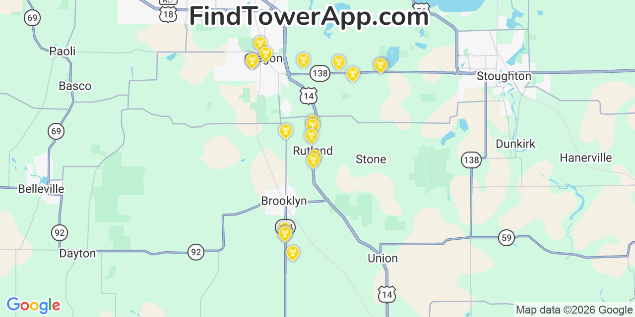Map showing the 20 primary cell tower locations detected in Rutland, Wisconsin from AT&T, Verizon, and T-Mobile networks