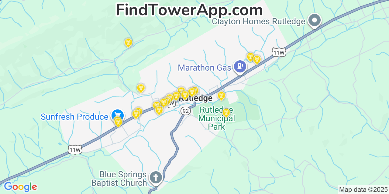 Map showing the 20 primary cell tower locations detected in Rutledge, Tennessee from AT&T, Verizon, and T-Mobile networks