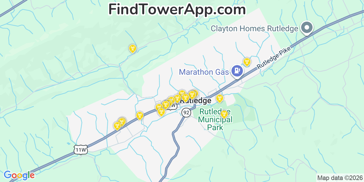 Map showing the 20 primary cell tower locations detected in Rutledge, Tennessee from AT&T, Verizon, and T-Mobile networks
