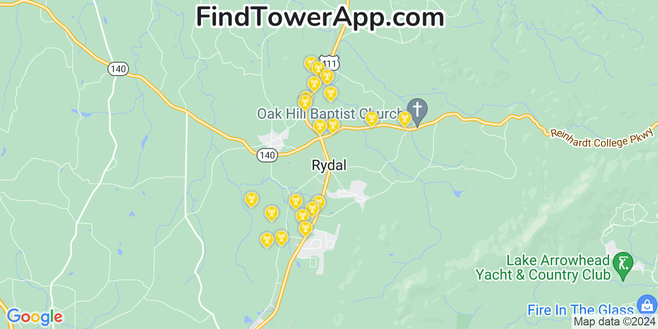 AT&T 4G/5G cell tower coverage map Rydal, Georgia