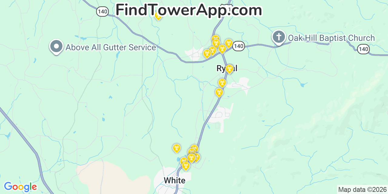 Map showing the 20 primary cell tower locations detected in Rydal, Georgia from AT&T, Verizon, and T-Mobile networks