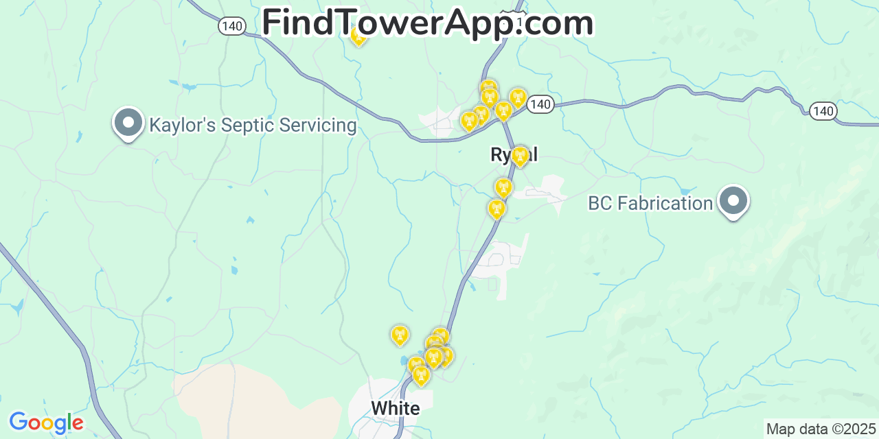 Map showing the 20 primary Mobitel cell tower locations detected in Rydal, Georgia with coverage radius and signal strength indicators