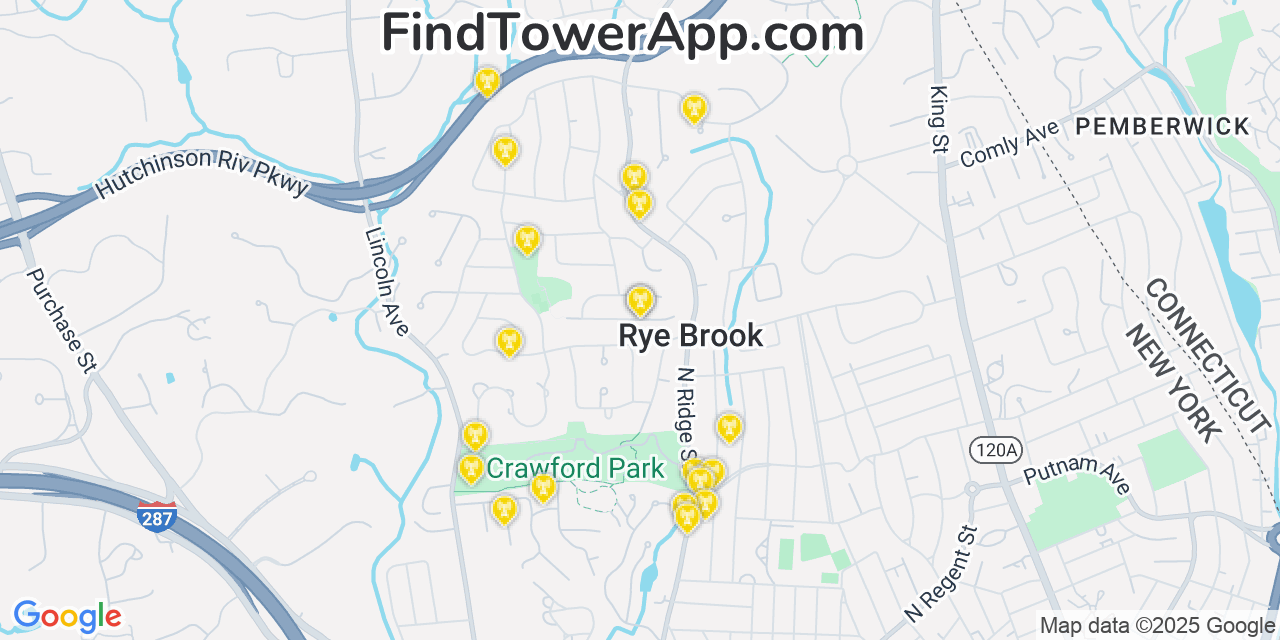 Map showing the 20 primary cell tower locations detected in Rye Brook, New York from AT&T, Verizon, and T-Mobile networks