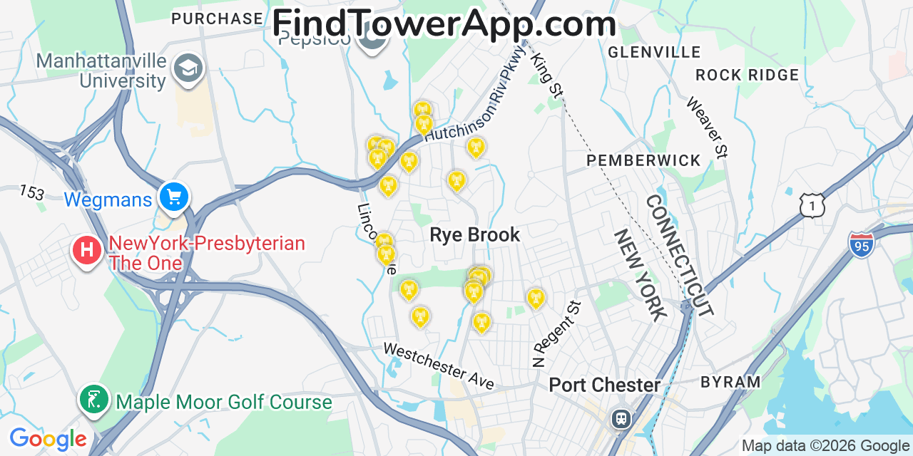 Map showing the 20 primary cell tower locations detected in Rye Brook, New York from AT&T, Verizon, and T-Mobile networks