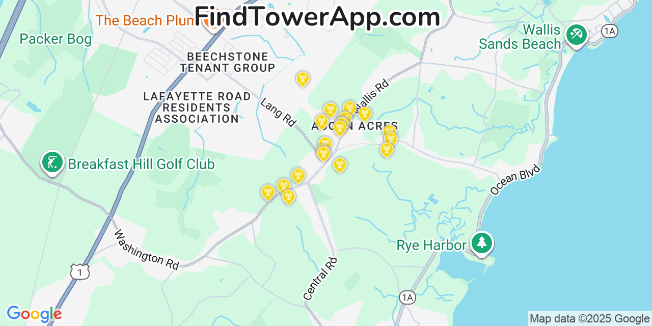 Map showing the 20 primary cell tower locations detected in Rye, New Hampshire from AT&T, Verizon, and T-Mobile networks