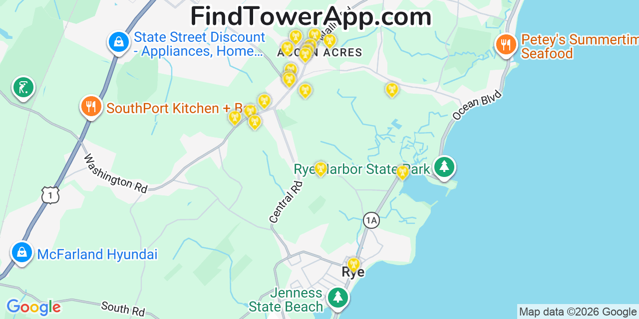 Map showing the 20 primary cell tower locations detected in Rye, New Hampshire from AT&T, Verizon, and T-Mobile networks