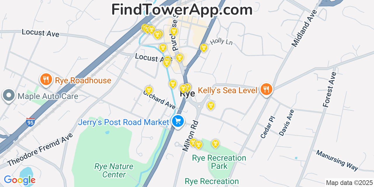 Map showing the 20 primary cell tower locations detected in Rye, New York from AT&T, Verizon, and T-Mobile networks