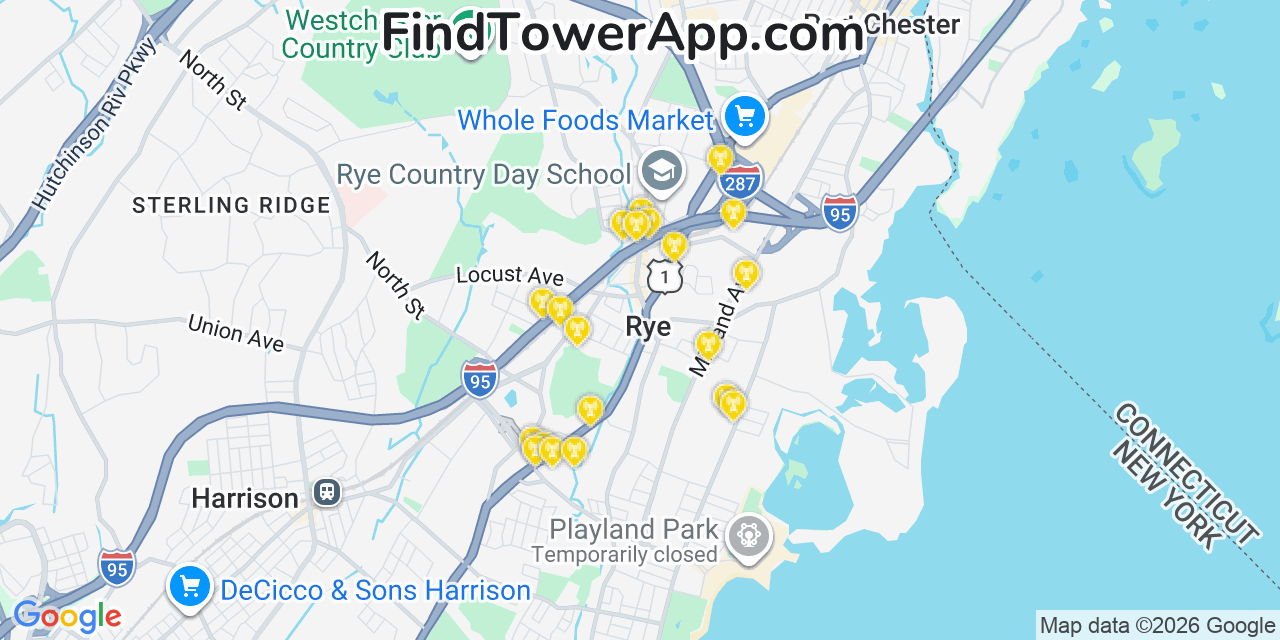 Map showing the 20 primary cell tower locations detected in Rye, New York from AT&T, Verizon, and T-Mobile networks