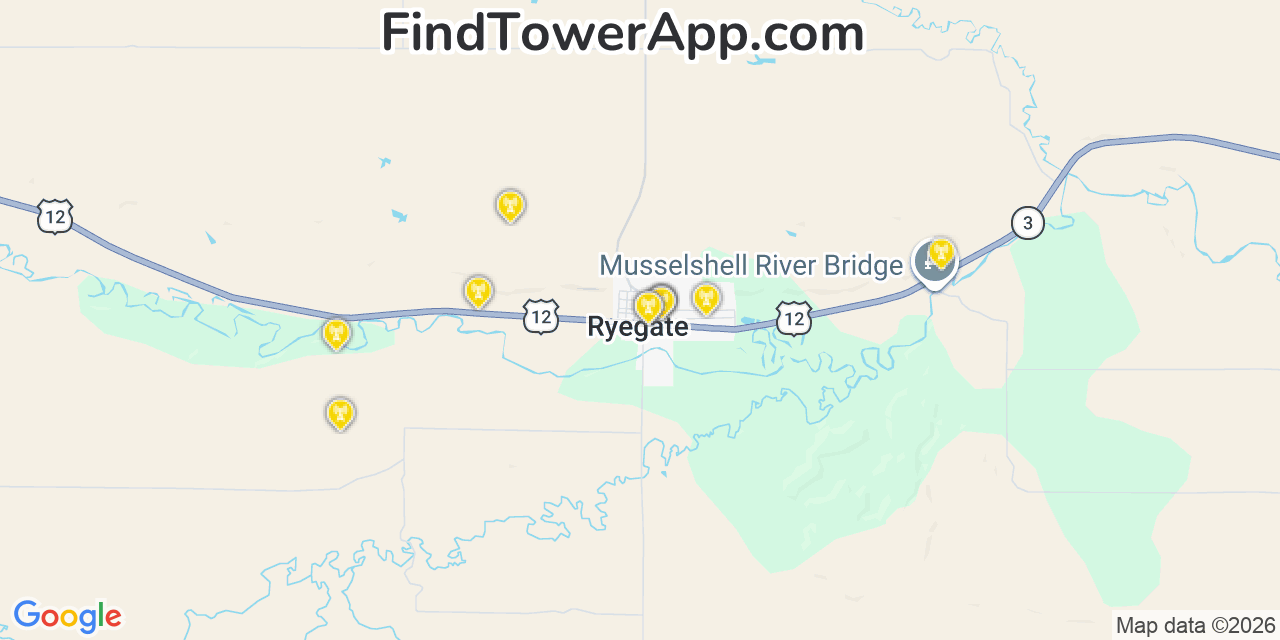 Map showing the 20 primary cell tower locations detected in Ryegate, Montana from AT&T, Verizon, and T-Mobile networks