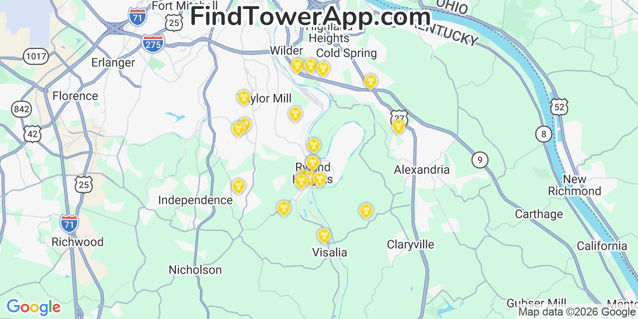 Map showing the 20 primary cell tower locations detected in Ryland Heights, Kentucky from AT&T, Verizon, and T-Mobile networks